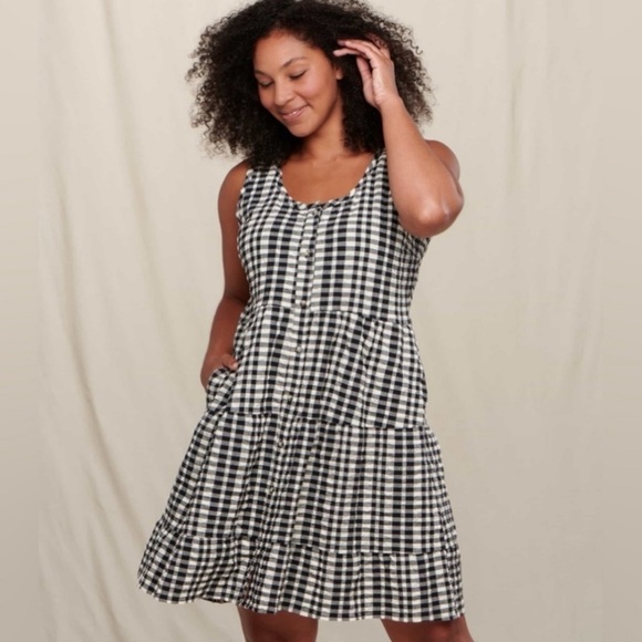 Toad&Co Manzana Tiered Sleeveless Dress Black White Gingham Plaid Size L - Picture 1 of 10